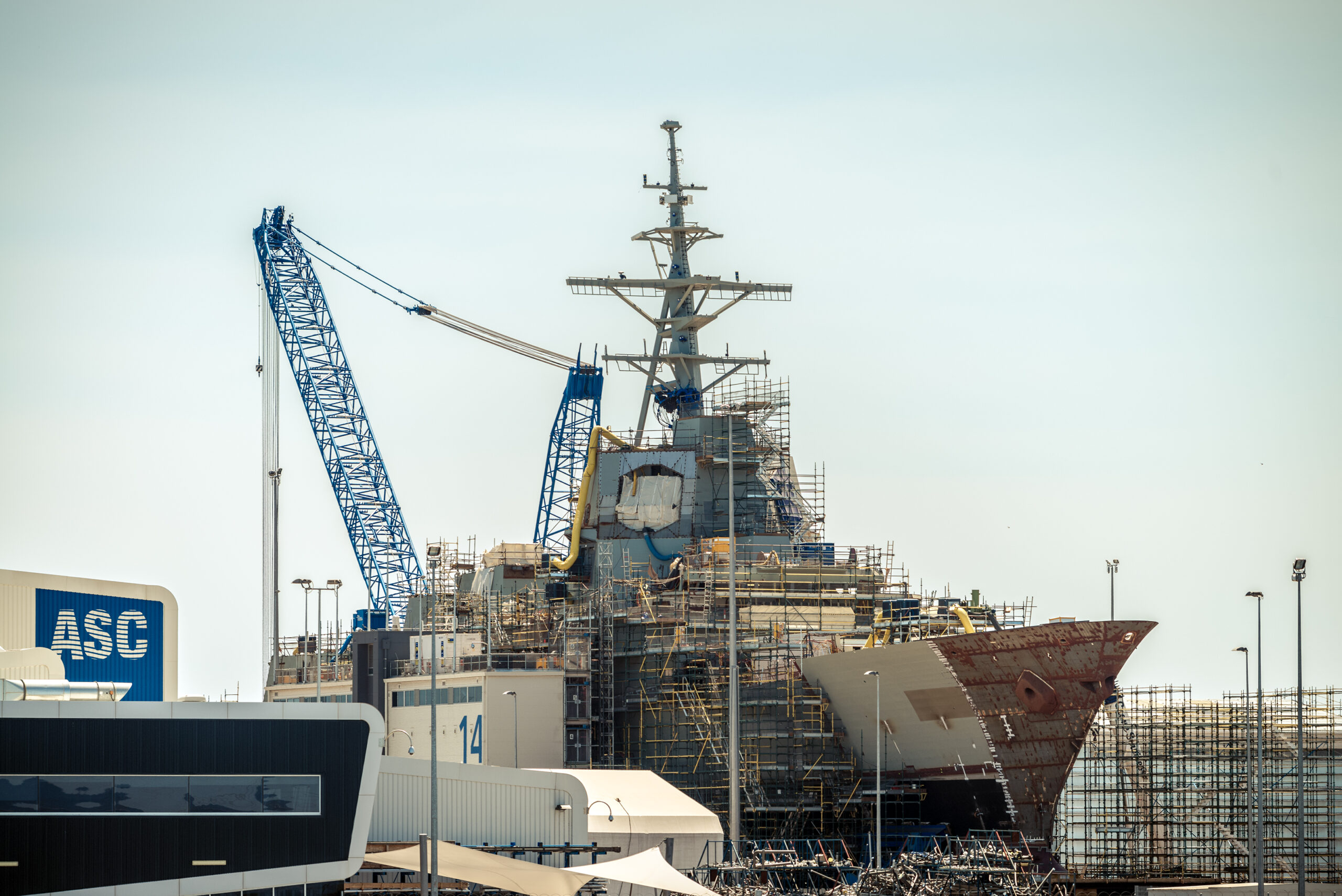 Australian Submarine Corporation Air warfare destroyer HMAS Hobart in the construction dock at Port Adelaide