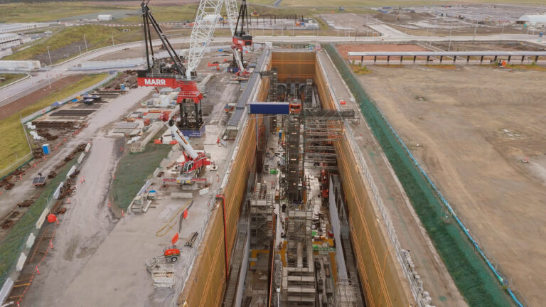 Aerial view above the metro station construction site of the new Western Sydney Airport at Badgerys Creek, NSW Australia in January 2025