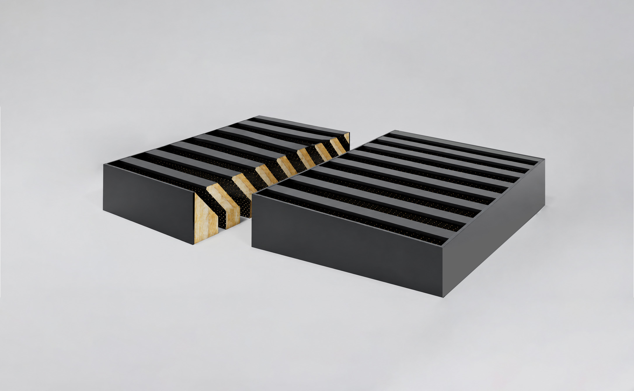 AcousTech Sonic Series SL4-45 acoustic louvre panels showing internal acoustic insulation and finished louvre construction.