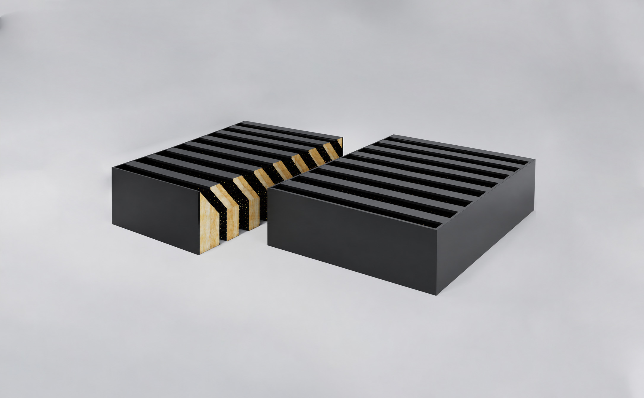 AcousTech Sonic Series SL4-60 acoustic louvre panels showing internal acoustic insulation and finished louvre construction.